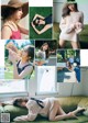 A collage of photos of a woman laying on a green couch.