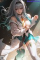 Anime girl with long blue hair wearing a white shirt and green shorts.